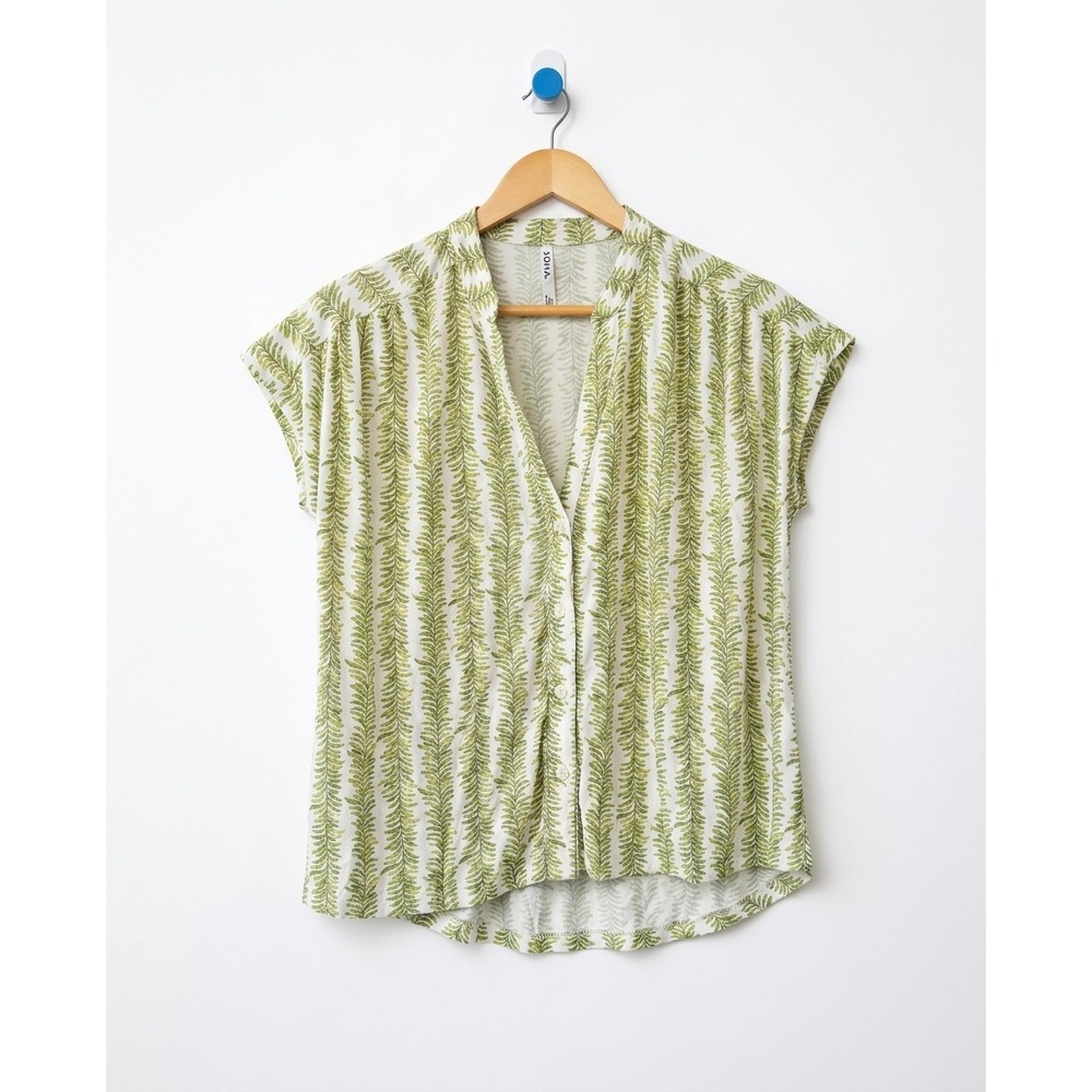 Soma Cool Nights Pajama Set XS Green White Leaf Print Button Top Smocked Shorts - Picture 2 of 5